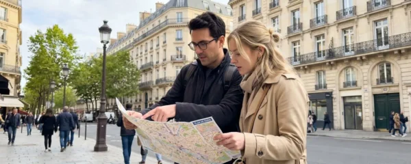 Un couple de touristes vu de profil consulte une carte papier devant une façade haussmannienne typique du 8e arrondissement parisien sous une lumière matinale naturelle