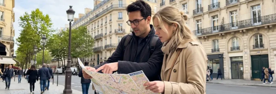 Un couple de touristes vu de profil consulte une carte papier devant une façade haussmannienne typique du 8e arrondissement parisien sous une lumière matinale naturelle
