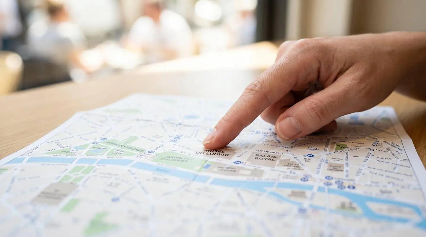 Gros plan macro sur une main posant un doigt sur une carte papier de Paris avec un focus net sur le tracé des rues et une belle profondeur de champ