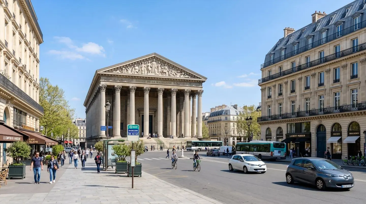 Vue architecturale en grand angle de la Place de la Madeleine à Paris montrant l'église Madeleine et les immeubles haussmanniens sous une lumière naturelle du jour